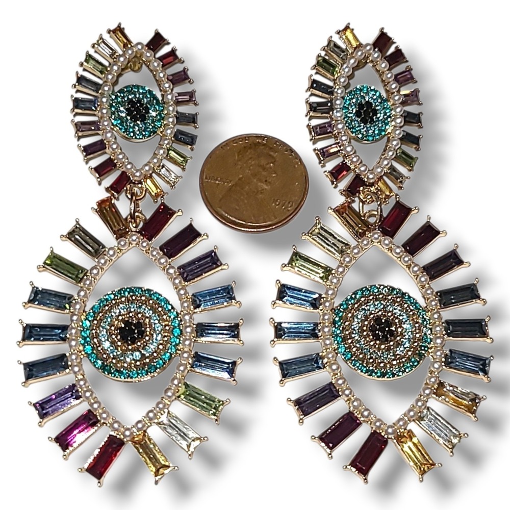 Sugarfix Eye Dangle Earrings Colorful Rhinestone Statement Gold Tone Boho - Picture 2 of 3